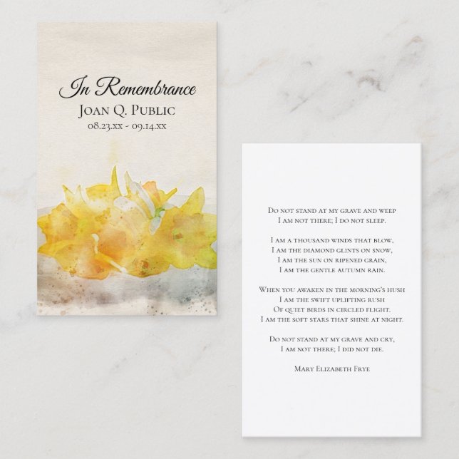 Yellow Daffodils Spring Funeral Memorial Prayer Business Card (Front/Back)