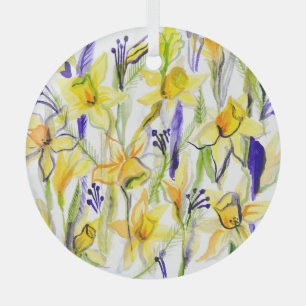 Yellow Daffodils Watercolor Illustration Glass Tree Decoration
