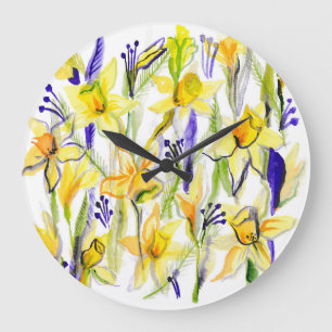 Yellow Daffodils Watercolor Illustration Large Clock