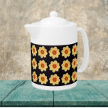 Yellow Dahlia Floral Pattern on Black<br><div class="desc">White ceramic teapot with lid that features the photo image of a yellow Dahlia flower on a black background and printed in a repeating pattern. A fun,  floral design!</div>