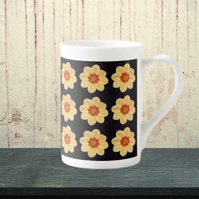 Yellow Dahlia Floral Pattern on Black Bone China Mug (In Situ)