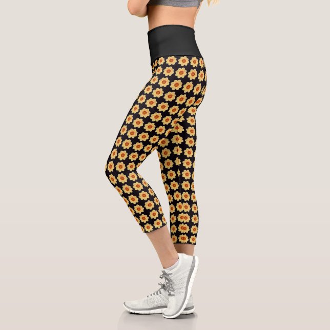 Yellow Dahlia Floral Pattern on Black Capri Leggings (Left)