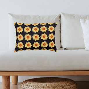 Yellow Dahlia Floral Pattern on Black Decorative Cushion