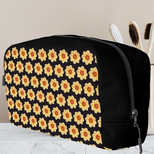 Yellow Dahlia Floral Pattern on Black Dopp Kit (In Situ)