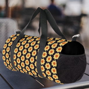 Yellow Dahlia Floral Pattern on Black Duffle Bag