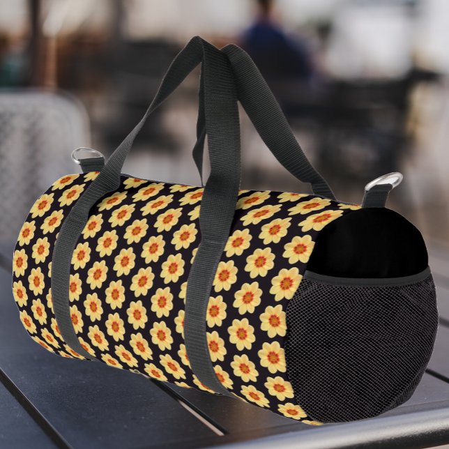 Yellow Dahlia Floral Pattern on Black Duffle Bag (Creator Uploaded)