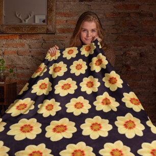 Yellow Dahlia Floral Pattern on Black Fleece Blanket