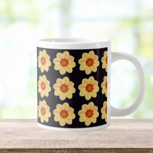 Yellow Dahlia Floral Pattern on Black Large Coffee Mug