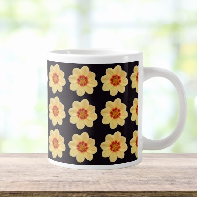 Yellow Dahlia Floral Pattern on Black Large Coffee Mug (In Situ)