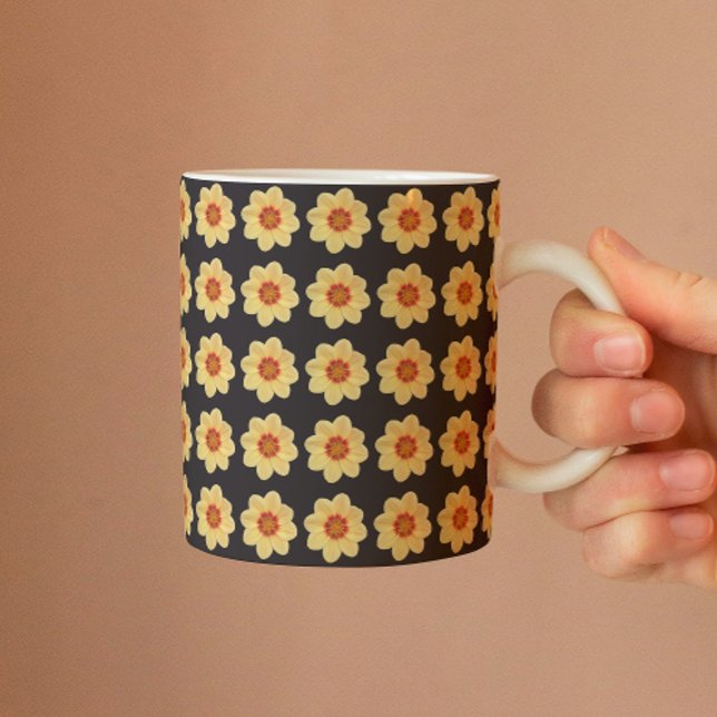 Yellow Dahlia Floral Pattern on Black Mug (In Situ)
