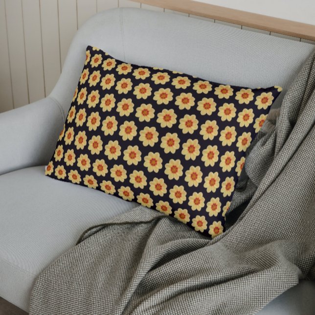 Yellow Dahlia Floral Pattern on Black Pillowcase (In Situ)
