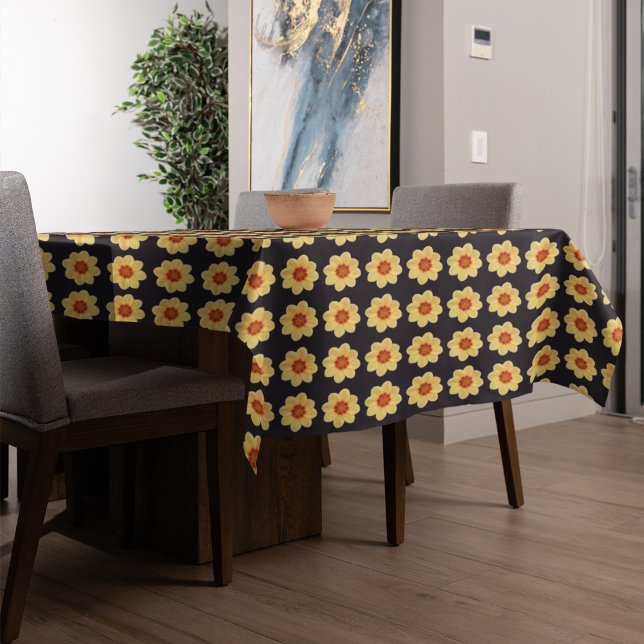Yellow Dahlia Floral Pattern on Black Tablecloth (In Situ Table)