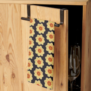 Yellow Dahlia Floral Pattern on Black Tea Towel