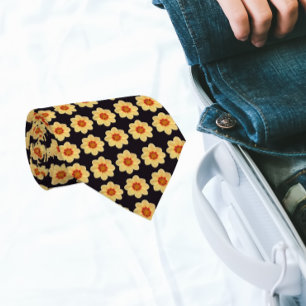 Yellow Dahlia Floral Pattern on Black Tie
