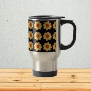Yellow Dahlia Floral Pattern on Black Travel Mug