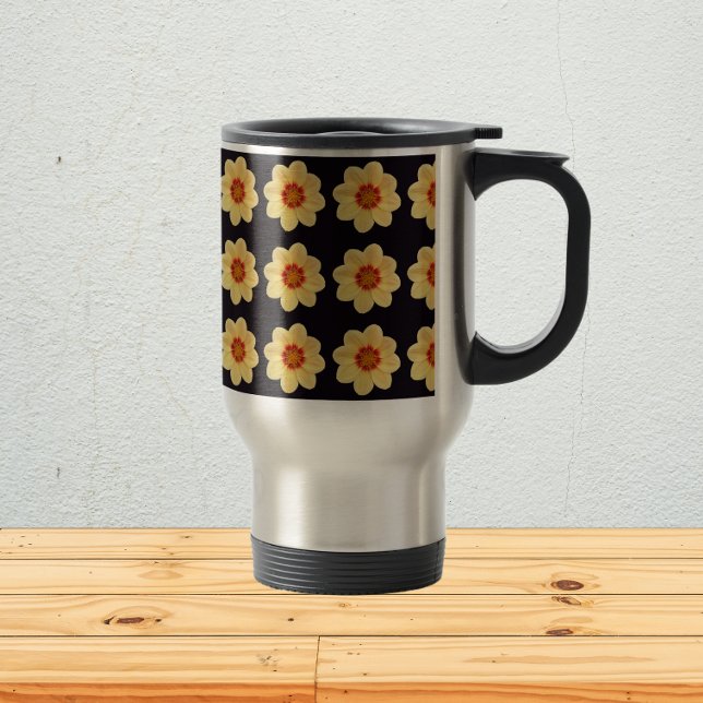 Yellow Dahlia Floral Pattern on Black Travel Mug (In Situ)