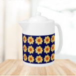Yellow Dahlia Floral Pattern on Blue<br><div class="desc">White ceramic teapot with lid that features the photo image of a yellow Dahlia flower on a navy blue background and printed in a repeating pattern. A fun,  floral design!</div>