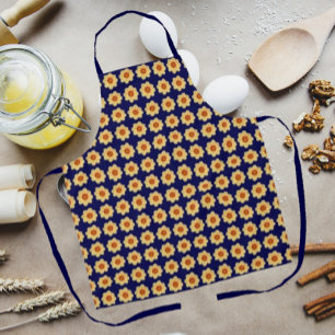 Yellow Dahlia Floral Pattern on Blue Apron