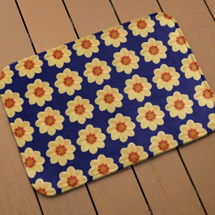 Yellow Dahlia Floral Pattern on Blue Bath Mat