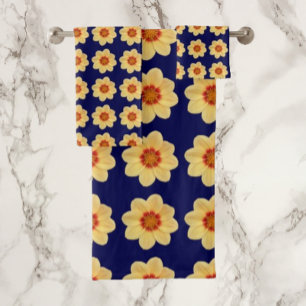 Yellow Dahlia Floral Pattern on Blue Bath Towel Set