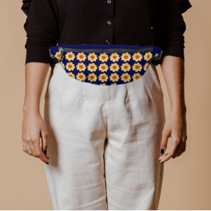 Yellow Dahlia Floral Pattern on Blue Bum Bags