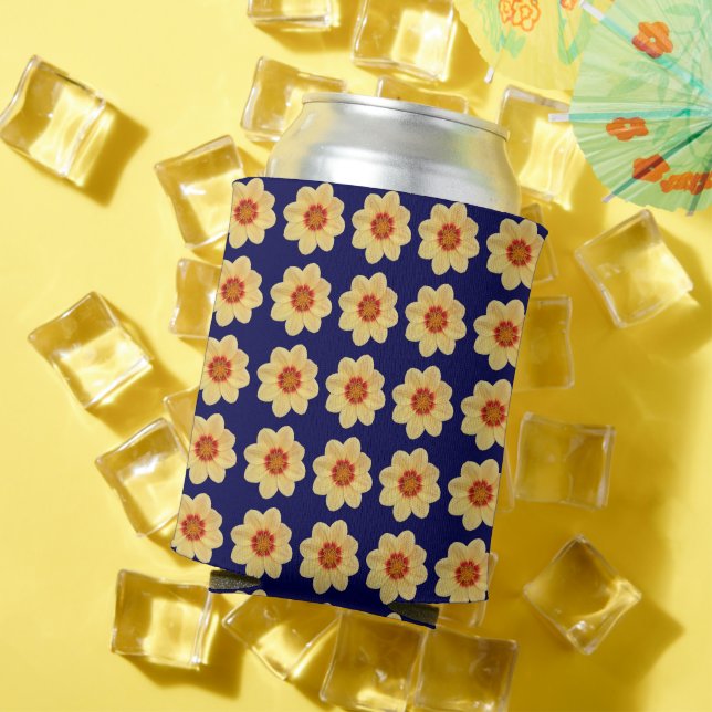 Yellow Dahlia Floral Pattern on Blue Can Cooler (In Situ Summer)