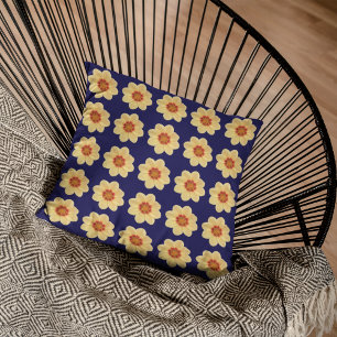 Yellow Dahlia Floral Pattern on Blue Cushion