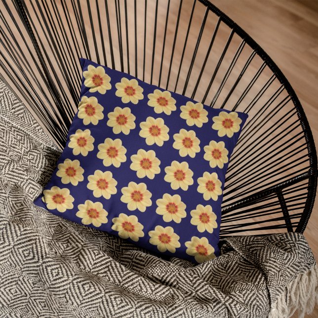 Yellow Dahlia Floral Pattern on Blue Cushion (In Situ Patio)