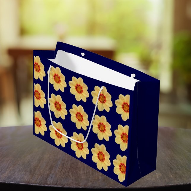 Yellow Dahlia Floral Pattern on Blue Large Gift Bag (In Situ)