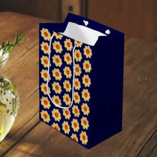 Yellow Dahlia Floral Pattern on Blue Medium Gift Bag