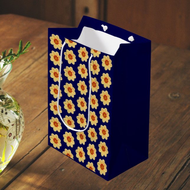Yellow Dahlia Floral Pattern on Blue Medium Gift Bag (In Situ)