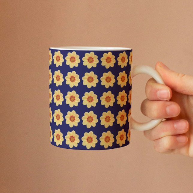 Yellow Dahlia Floral Pattern on Blue Mug (In Situ)