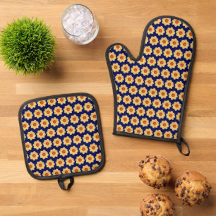Yellow Dahlia Floral Pattern on Blue Oven Mitt & Pot Holder Set