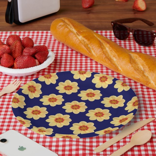 Yellow Dahlia Floral Pattern on Blue Paper Plate (Picnic)