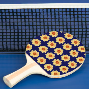 Yellow Dahlia Floral Pattern on Blue Ping Pong Paddle