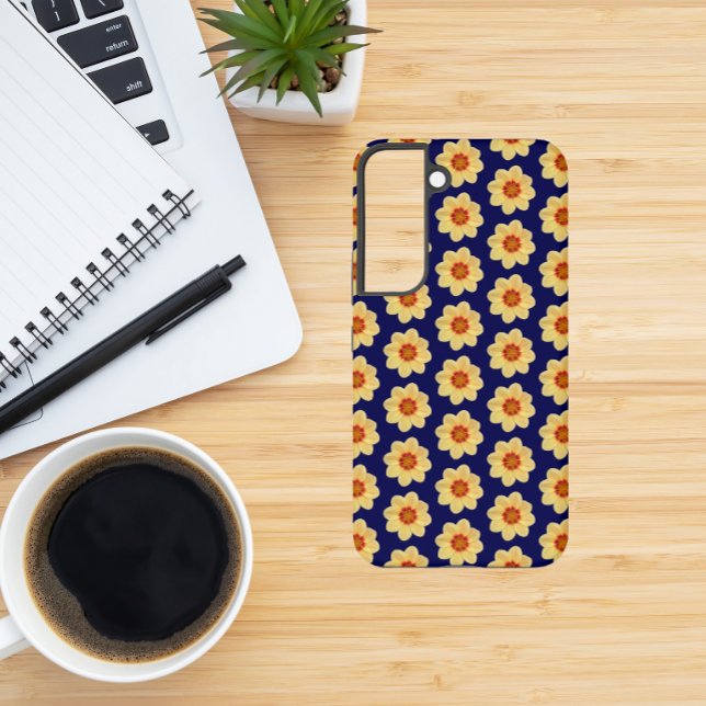 Yellow Dahlia Floral Pattern on Blue Samsung Galaxy S22 Case (In Situ)