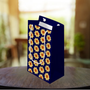 Yellow Dahlia Floral Pattern on Blue Small Gift Bag