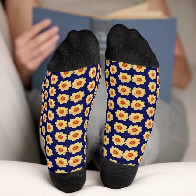 Yellow Dahlia Floral Pattern on Blue Socks (Bottom)