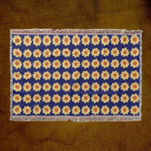 Yellow Dahlia Floral Pattern on Blue Throw Blanket