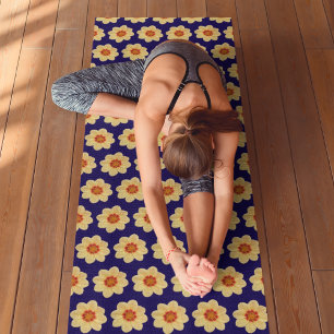 Yellow Dahlia Floral Pattern on Blue Yoga Mat