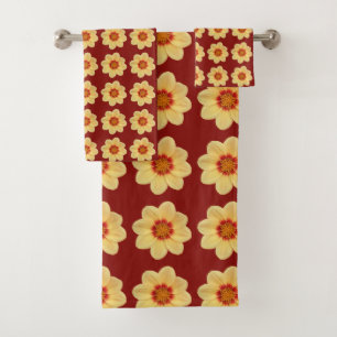 Yellow Dahlia Floral Pattern on Brick Red Bath Towel Set