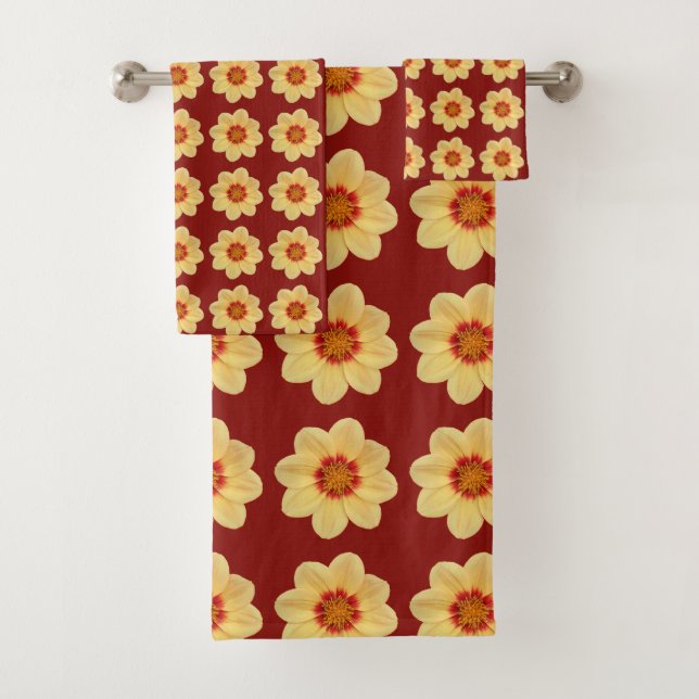 Yellow Dahlia Floral Pattern on Brick Red Bath Towel Set (Insitu)
