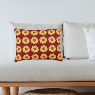 Yellow Dahlia Floral Pattern on Brick Red Decorative Cushion