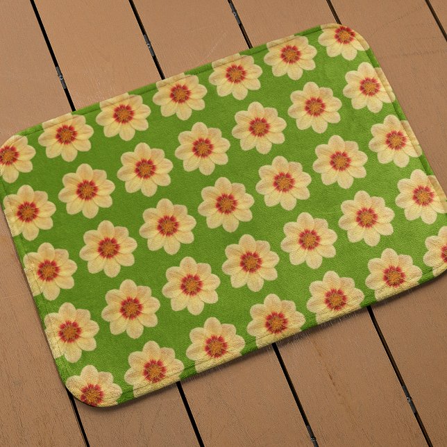 Yellow Dahlia Floral Pattern on Green Bath Mat (In Situ)