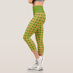 Yellow Dahlia Floral Pattern on Green Capri Leggings