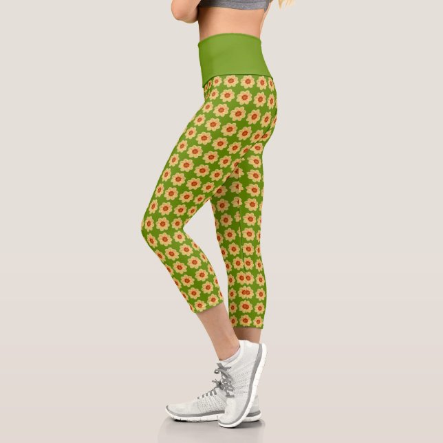 Yellow Dahlia Floral Pattern on Green Capri Leggings (Left)
