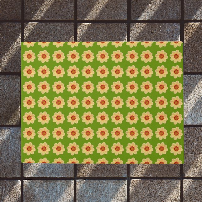 Yellow Dahlia Floral Pattern on Green Doormat (In Situ)