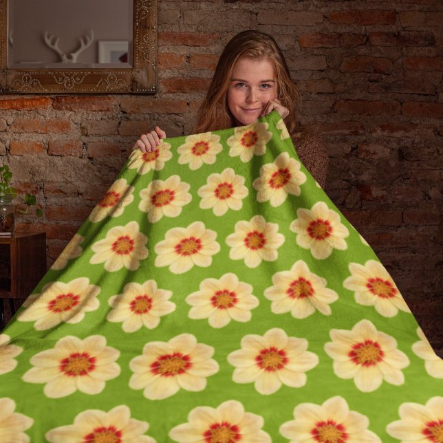 Yellow Dahlia Floral Pattern on Green Fleece Blanket (In Situ Front)