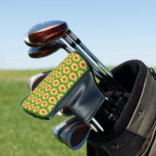 Yellow Dahlia Floral Pattern on Green Golf Head Cover (In Situ)