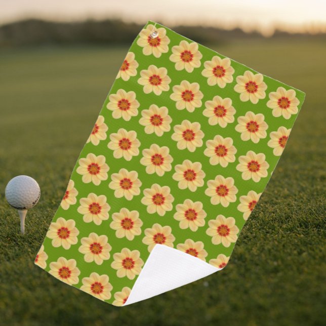 Yellow Dahlia Floral Pattern on Green Golf Towel (In Situ Golf)